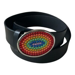 Retro Rainbow Rhinestone Buckle Black Belt XL – Statement Pride Accessory